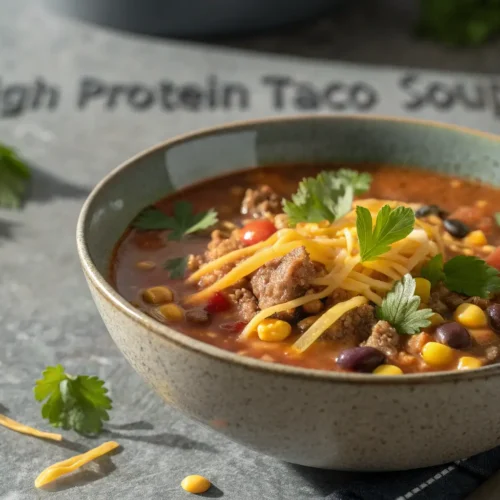 High Protein Taco Soup Recipe 3 Close-up of High Protein Taco Soup with cheese and cilantro garnish.