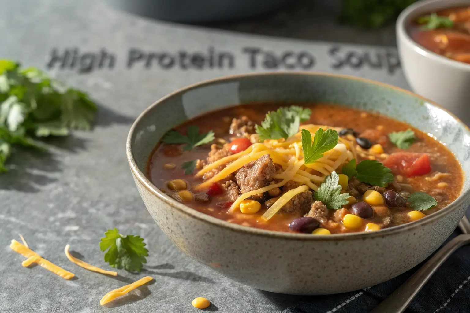 Close-up of High Protein Taco Soup with cheese and cilantro garnish.