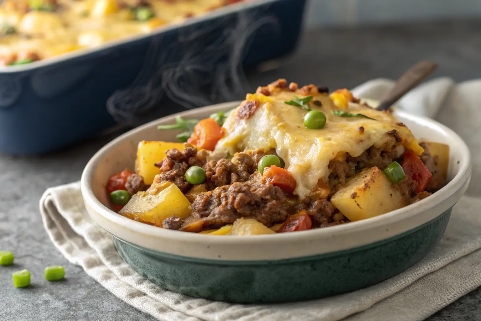Cheesy hobo casserole with ground beef and potatoes.