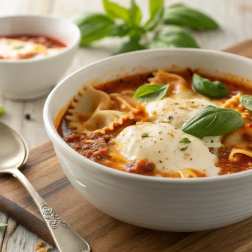 Homemade Lasagna Soup Recipe for Family Dinners 2 A bowl of lasagna soup with cheese and basil on a table.