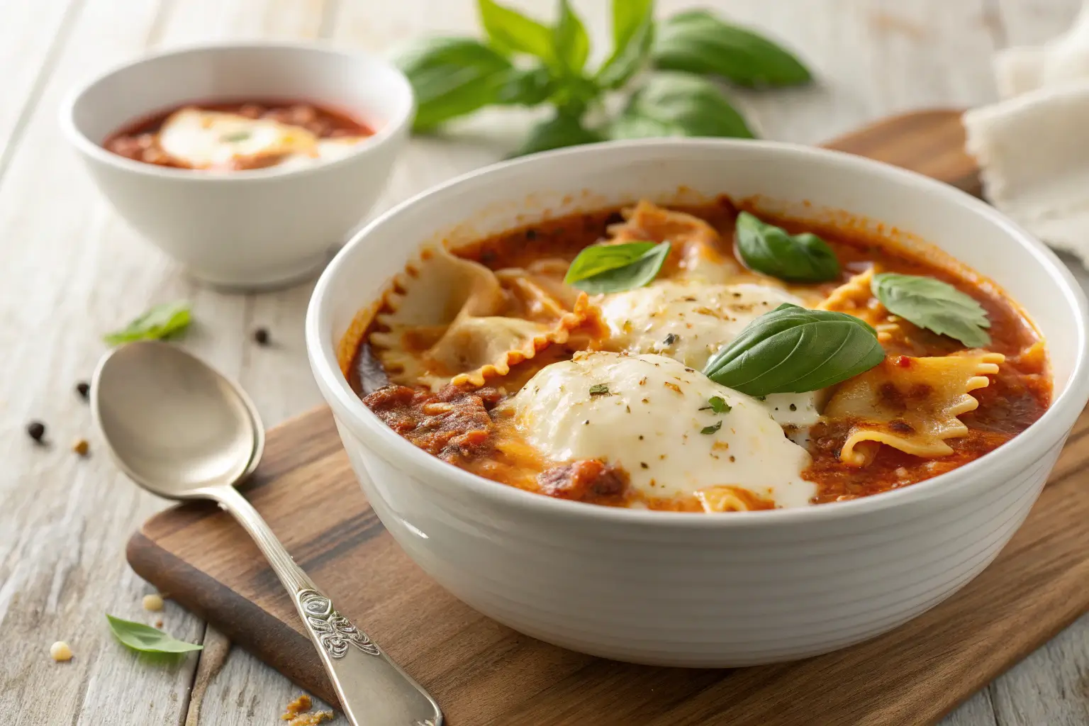 Homemade Lasagna Soup Recipe for Family Dinners 1 A bowl of lasagna soup with cheese and basil on a table.