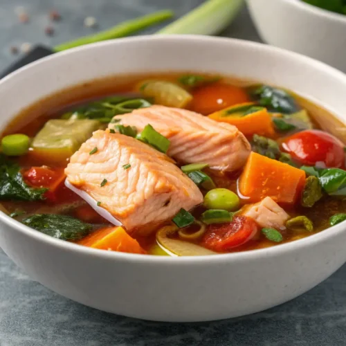 Close-up of Honey Garlic Salmon Soup with salmon and vegetables.