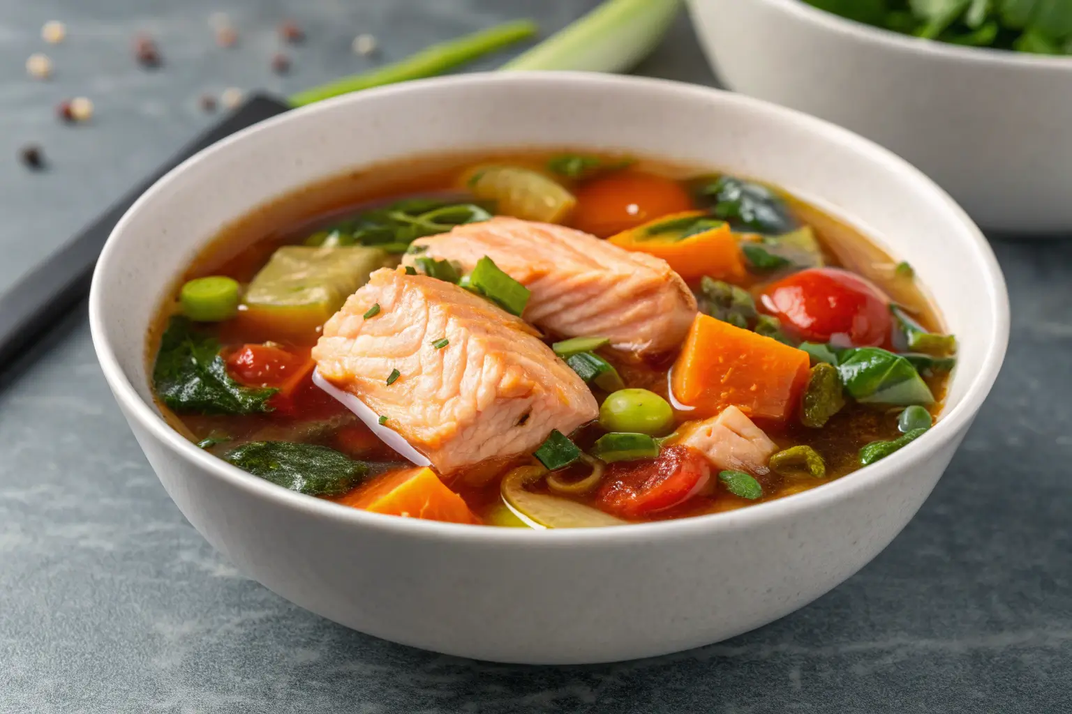 Close-up of Honey Garlic Salmon Soup with salmon and vegetables.