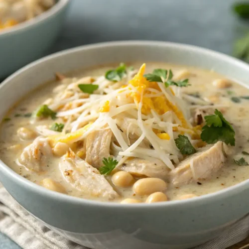 Instant Pot White Chicken Chili Recipe 3 Close-up of creamy Instant Pot White Chicken Chili in a bowl.
