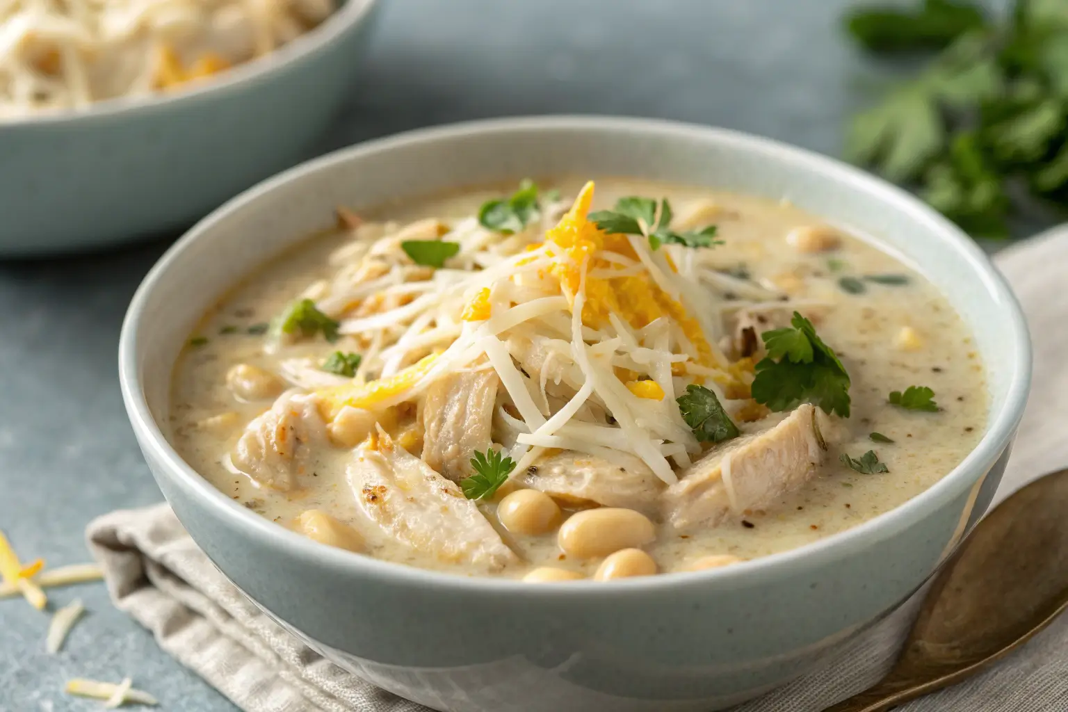 Close-up of creamy Instant Pot White Chicken Chili in a bowl.