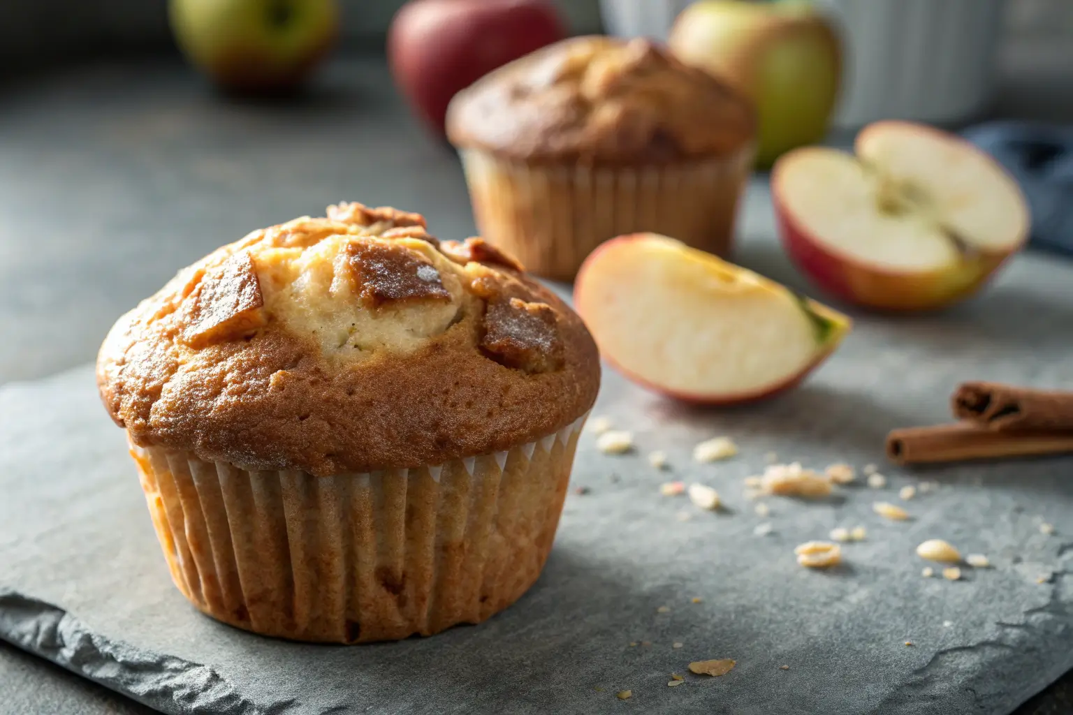 Freshly baked apple muffin with a golden-brown top