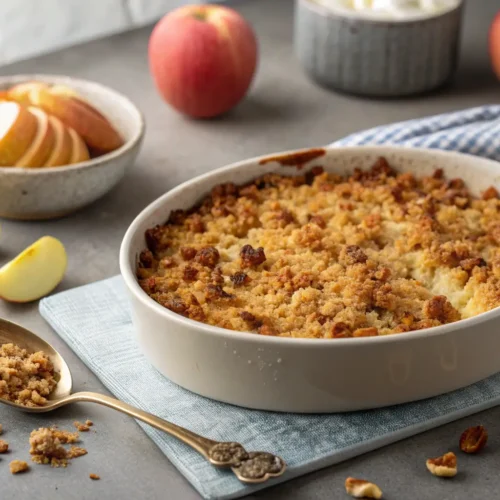 Keto Apple Crumble Recipe for Fall 3 Close-up of a Keto Apple Crumble with almond flour topping.