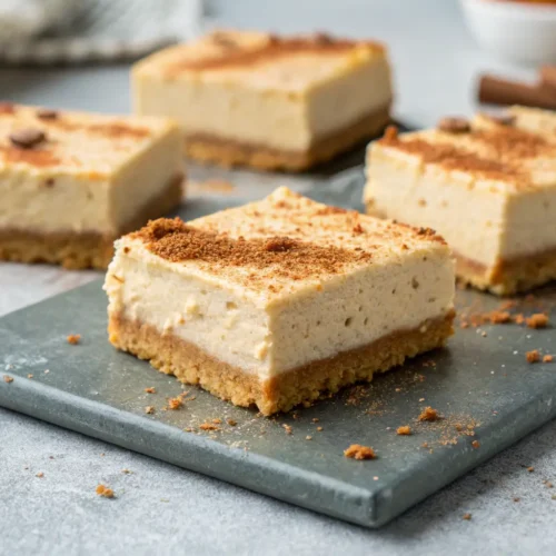 Keto Pumpkin Cheesecake Bars Recipe 3 Close-up of Keto Pumpkin Cheesecake Bars on a gray surface.