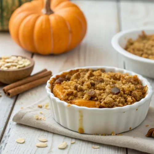 Keto Pumpkin Crisp - Easy Low Carb Dessert 3 Close-up of Keto Pumpkin Crisp dessert with crispy topping.