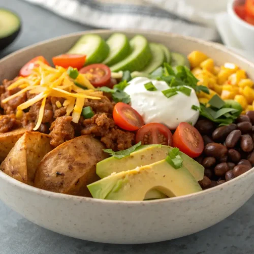Healthy Lunch Meal Prep for Loaded Potato Taco Bowl 3 Close-up of a loaded potato taco bowl with toppings.