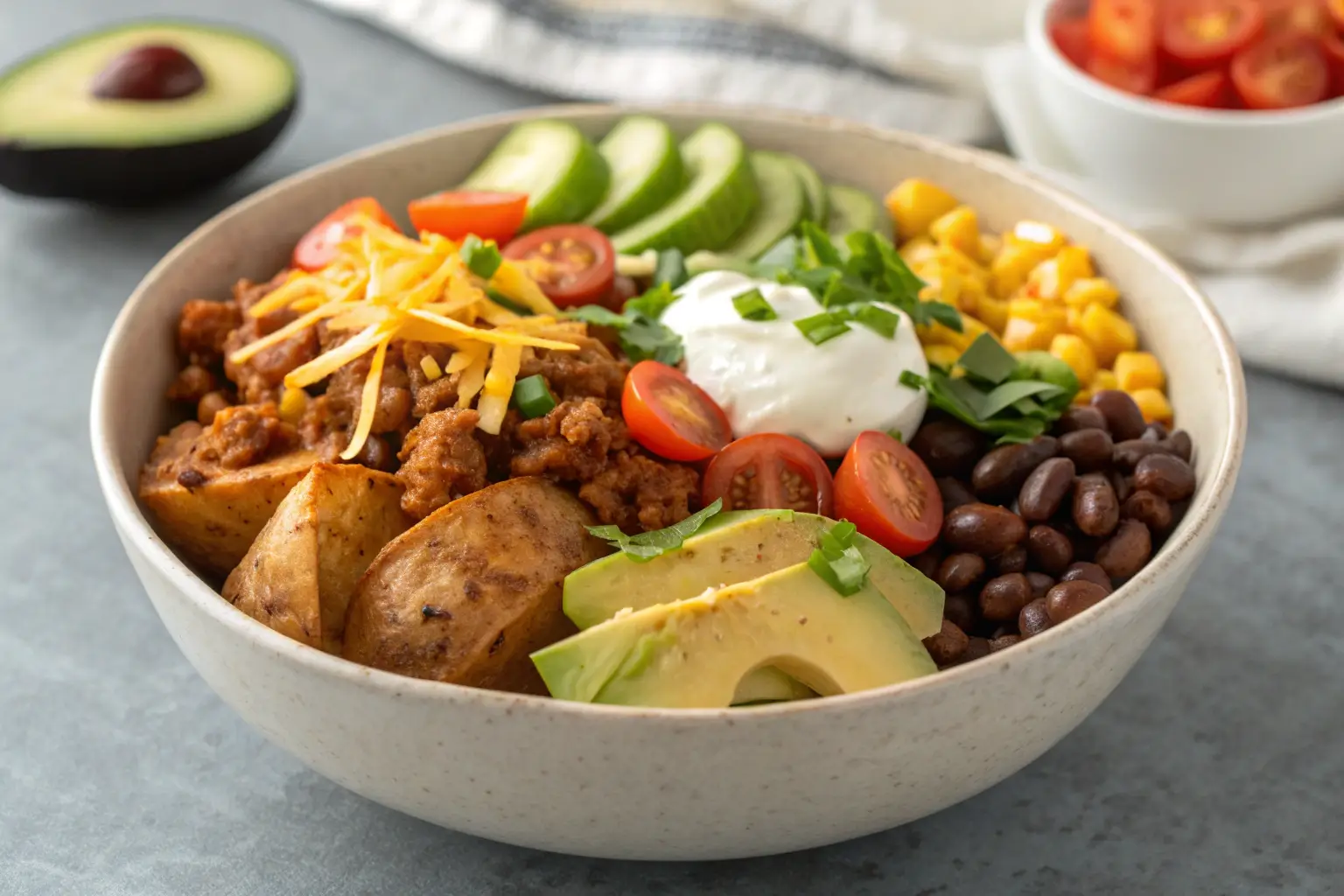 Close-up of a loaded potato taco bowl with toppings.