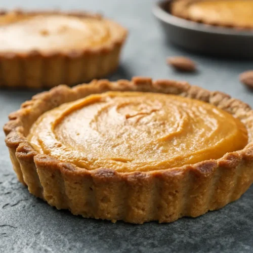 Low Carb Mini Pumpkin Pies: A Keto Friendly Recipe 3 Close-up of a Low Carb Mini Pumpkin Pie on a gray surface.