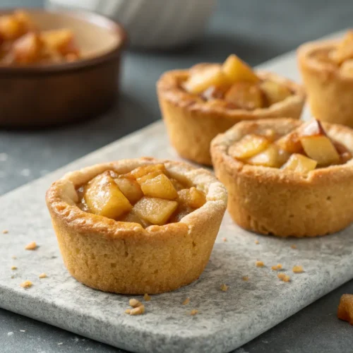 Mini Apple Pie Cookie Cups Recipe 3 Mini Apple Pie Cookie Cups filled with apples on concrete surface.