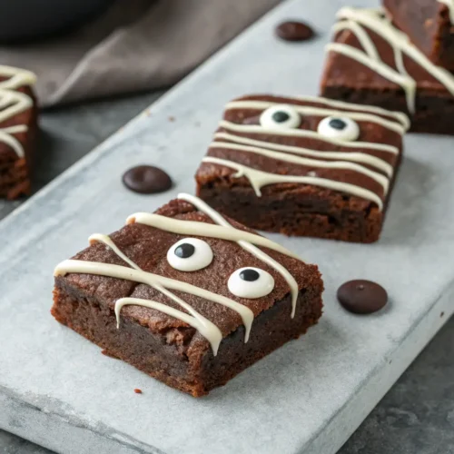 Halloween Brownies, the Elegant Way with Mummy Brownies 3 Close-up of Mummy Brownies with white chocolate drizzle and black icing eyes.