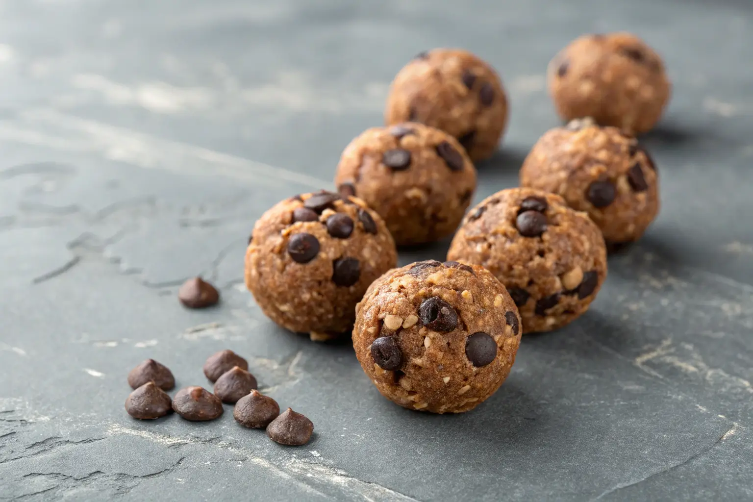 Close-up of No-Bake Chocolate Protein Balls on a surface.