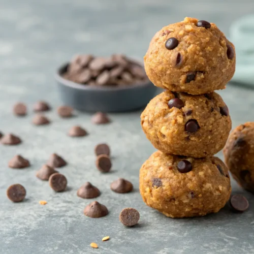 No-Bake Healthy Protein Balls Recipe 3 Close-up of no-bake healthy protein balls stacked on a table.
