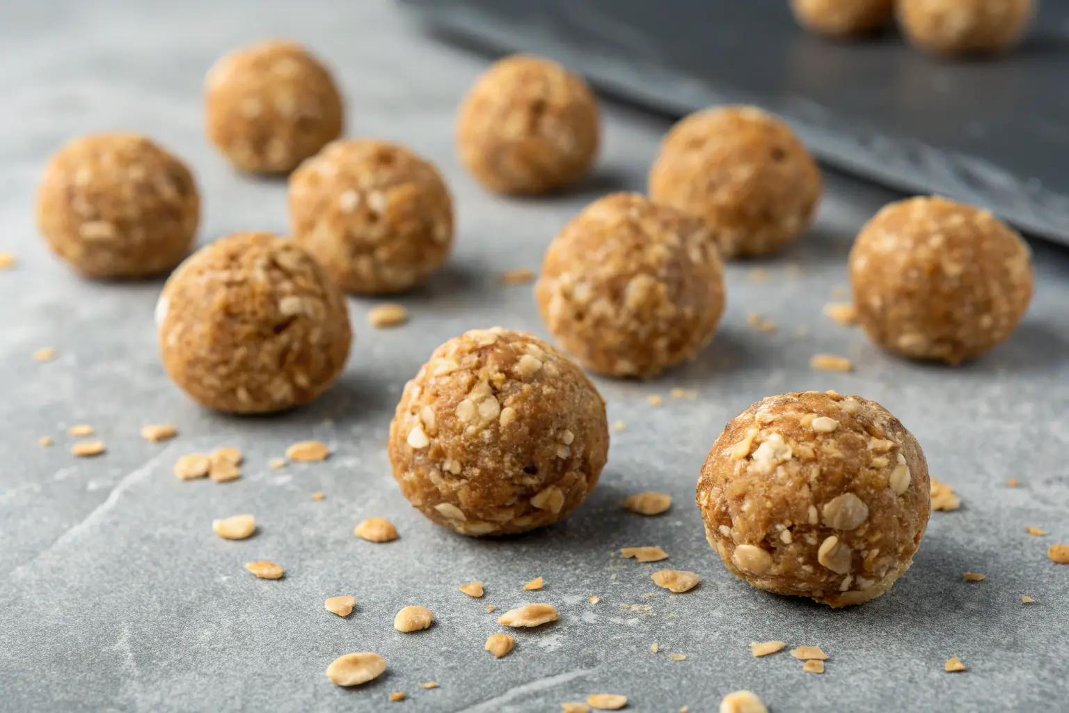 Close-up of No-Bake Peanut Butter Energy Bites on a gray surface.