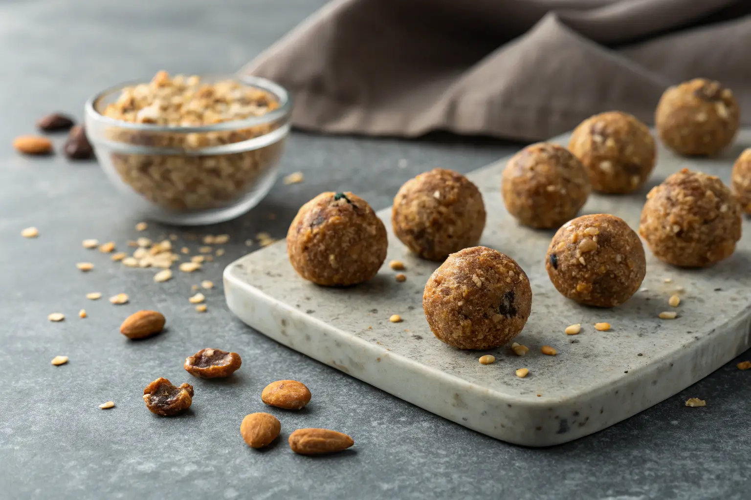 Healthy High Protein Snacks: No-Bake Protein Balls 1 No-bake protein balls on a gray concrete surface.
