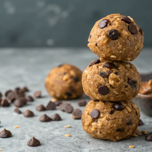 Close-up of stacked Oatmeal Chocolate Protein Balls on a gray surface.