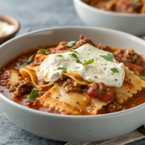 One Pot Lasagna Soup Recipe 2 Close-up of One Pot Lasagna Soup with ricotta topping.