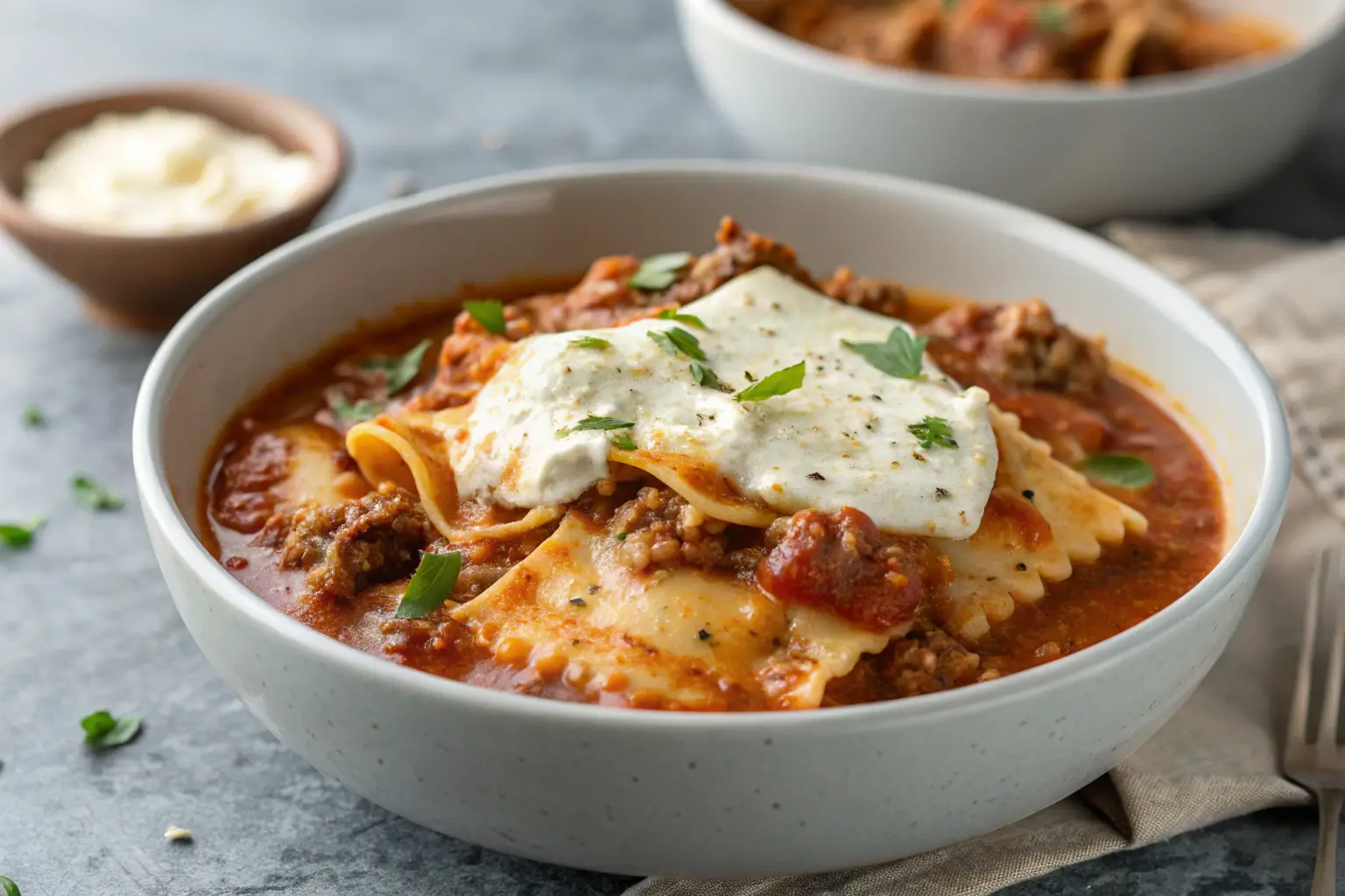 One Pot Lasagna Soup Recipe 1 Close-up of One Pot Lasagna Soup with ricotta topping.