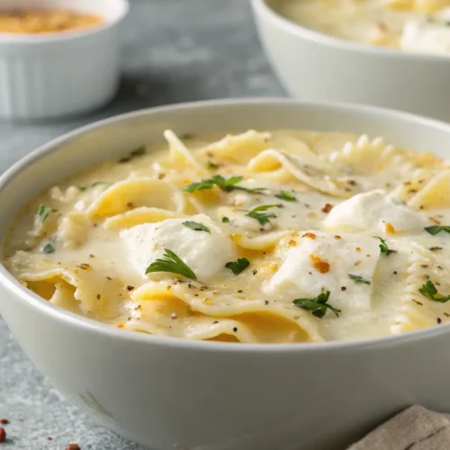 One-Pot White Lasagna Soup Recipe 2 Creamy One-Pot White Lasagna Soup with cheese and noodles