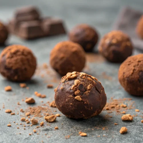 Protein Balls With Chocolate Protein Recipe 3 Close-up of chocolate protein balls on a gray surface.
