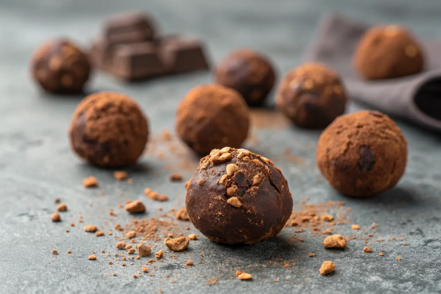 Close-up of chocolate protein balls on a gray surface.