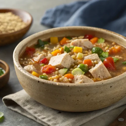 Protein Soup Recipes: 5 Comforting Options 3 A close-up of a hearty protein soup with chicken and veggies.