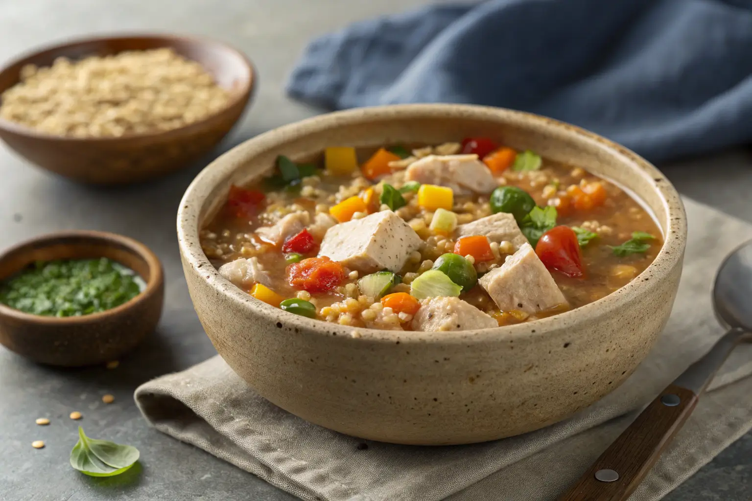 A close-up of a hearty protein soup with chicken and veggies.