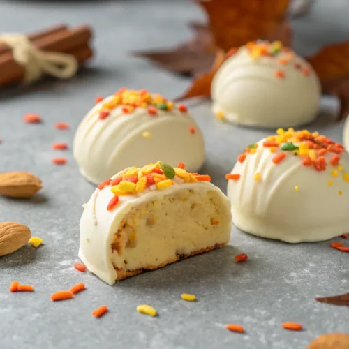 Autumn Pumpkin Treats: Cheesecake Truffles 3 Pumpkin cheesecake truffles with white chocolate coating and sprinkles.