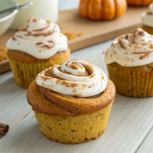 Homemade Fall Baked Goods: Pumpkin Cinnamon Roll Muffins 3 Close-up of Pumpkin Cinnamon Roll Muffins with frosting.