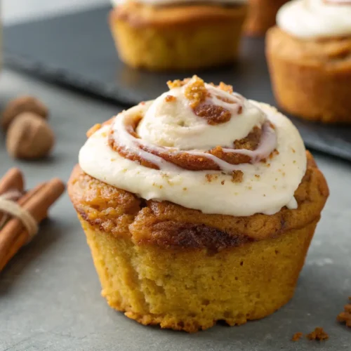 Homemade Fall Baked Goods: Pumpkin Cinnamon Roll Muffins 3 Pumpkin Cinnamon Roll Muffin with cream cheese frosting.