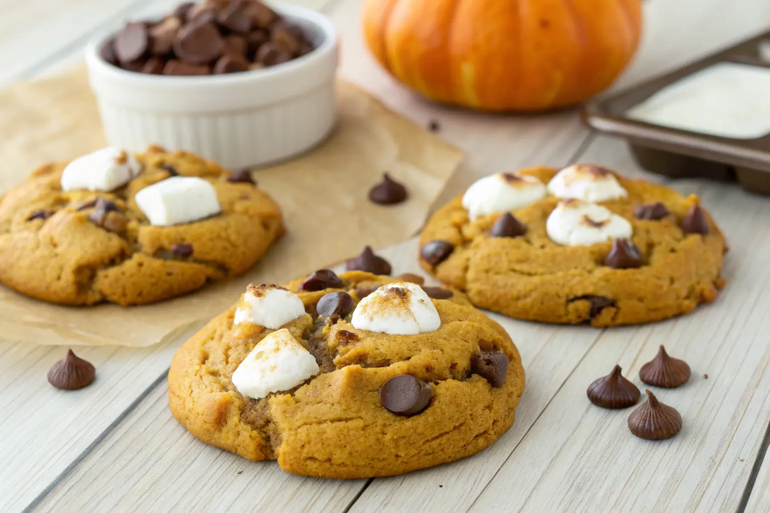 Close-up of Pumpkin S'mores Cookies on a neutral background.