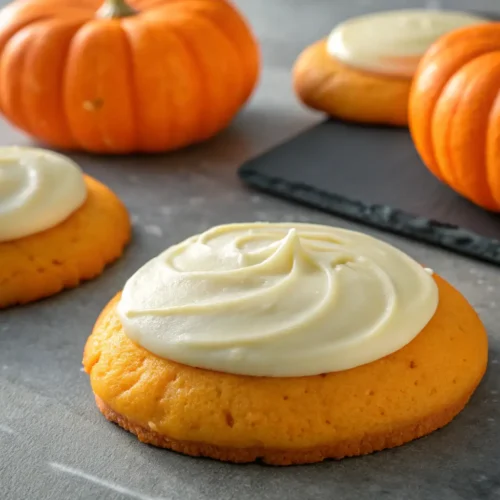 Pumpkin Sugar Cookies with Cream Cheese Frosting 3 Pumpkin sugar cookie with cream cheese frosting on a gray background.