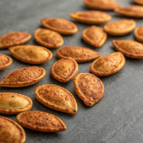 Roasted pumpkin seeds with a crunchy texture on a gray surface.