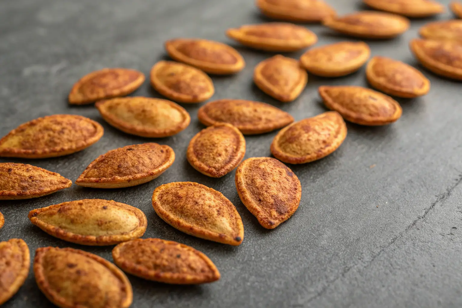 Roasted pumpkin seeds with a crunchy texture on a gray surface.