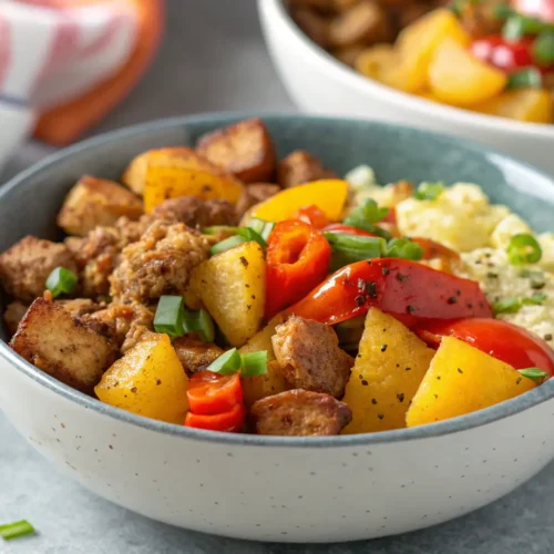Sausage and Potato Meal Prep Breakfast Bowls 2 Sausage and Potato Meal Prep Breakfast Bowl on gray concrete