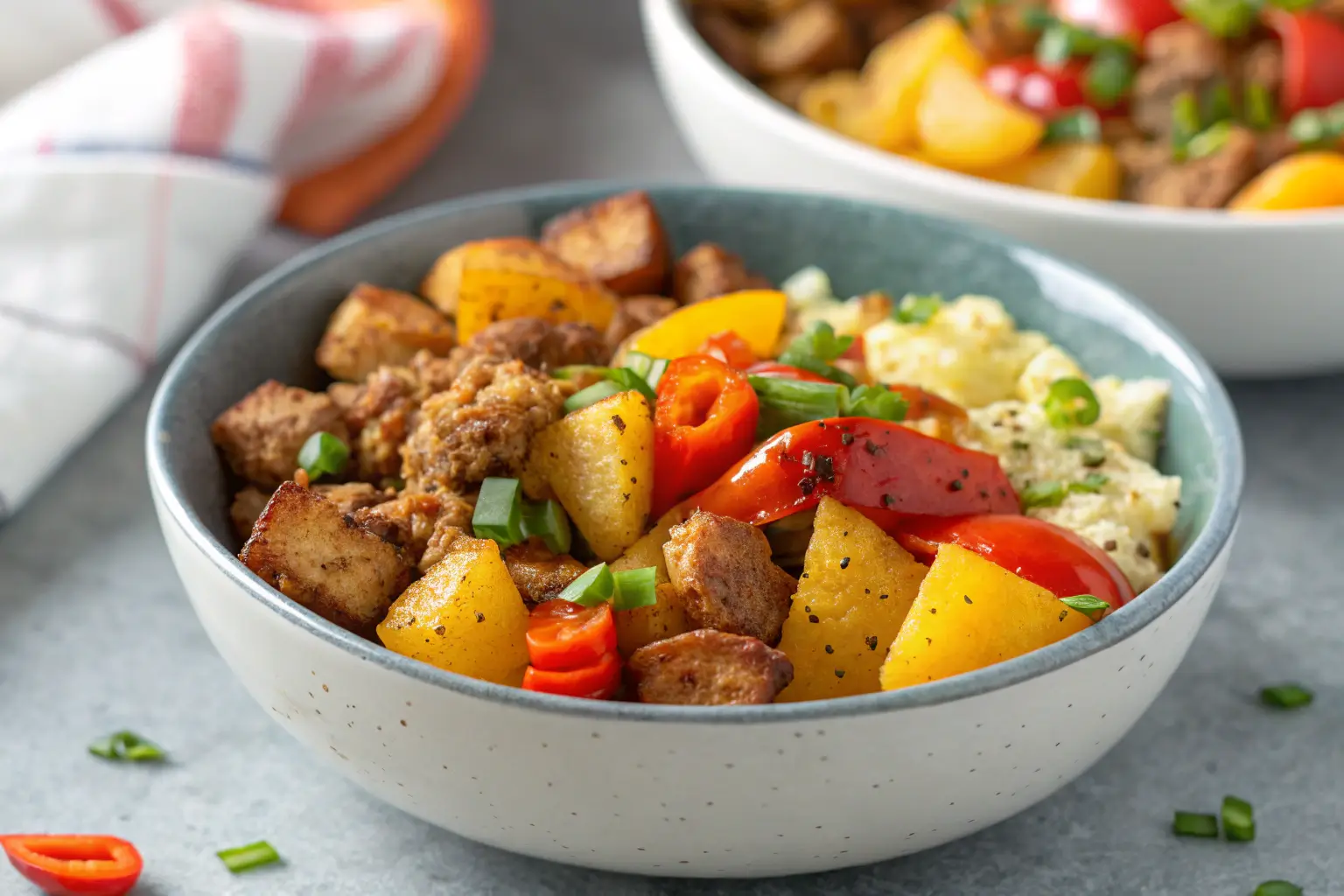 Sausage and Potato Meal Prep Breakfast Bowl on gray concrete