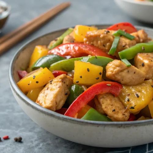 Savory Black Pepper Chicken Stir-fry 2 Close-up of Savory Black Pepper Chicken Stir-fry on gray table.