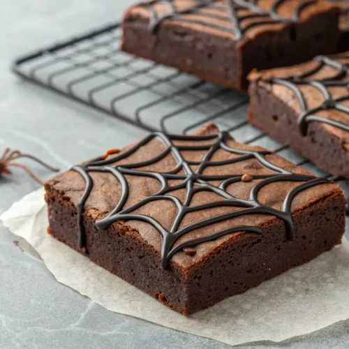Spider Web — Craving Spiderweb Brownies? Try This Easy Halloween Treat 3 Close-up of Spider Web brownies with black icing decoration.