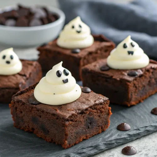 Craving Halloween Brownies? Try These Boo Brownies for Spooky Fun 3 Boo Brownies with ghost faces made of frosting on a gray background.