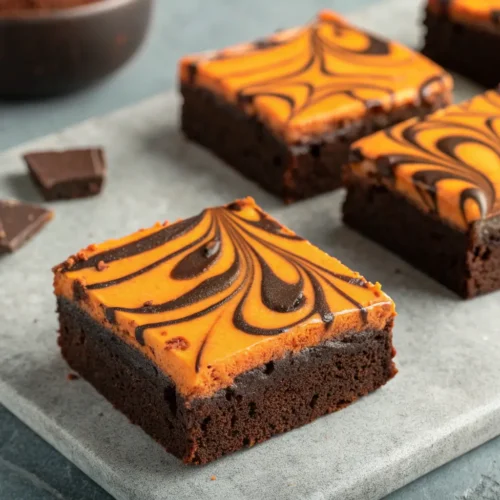 How to Make Spooky Brownies for Halloween: Steps & Tips 3 Spooky brownies with chocolate and orange cream cheese swirl.