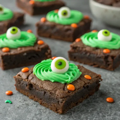 How to Make Halloween Brownies: Steps & Tips 3 Halloween brownies with green icing and candy eyeballs