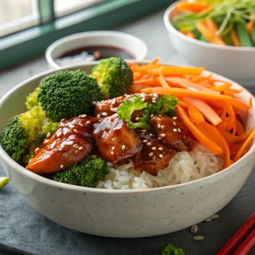 Sticky Chicken Rice Bowls Recipe 2 Close-up of Sticky Chicken Rice Bowl with veggies on gray table.