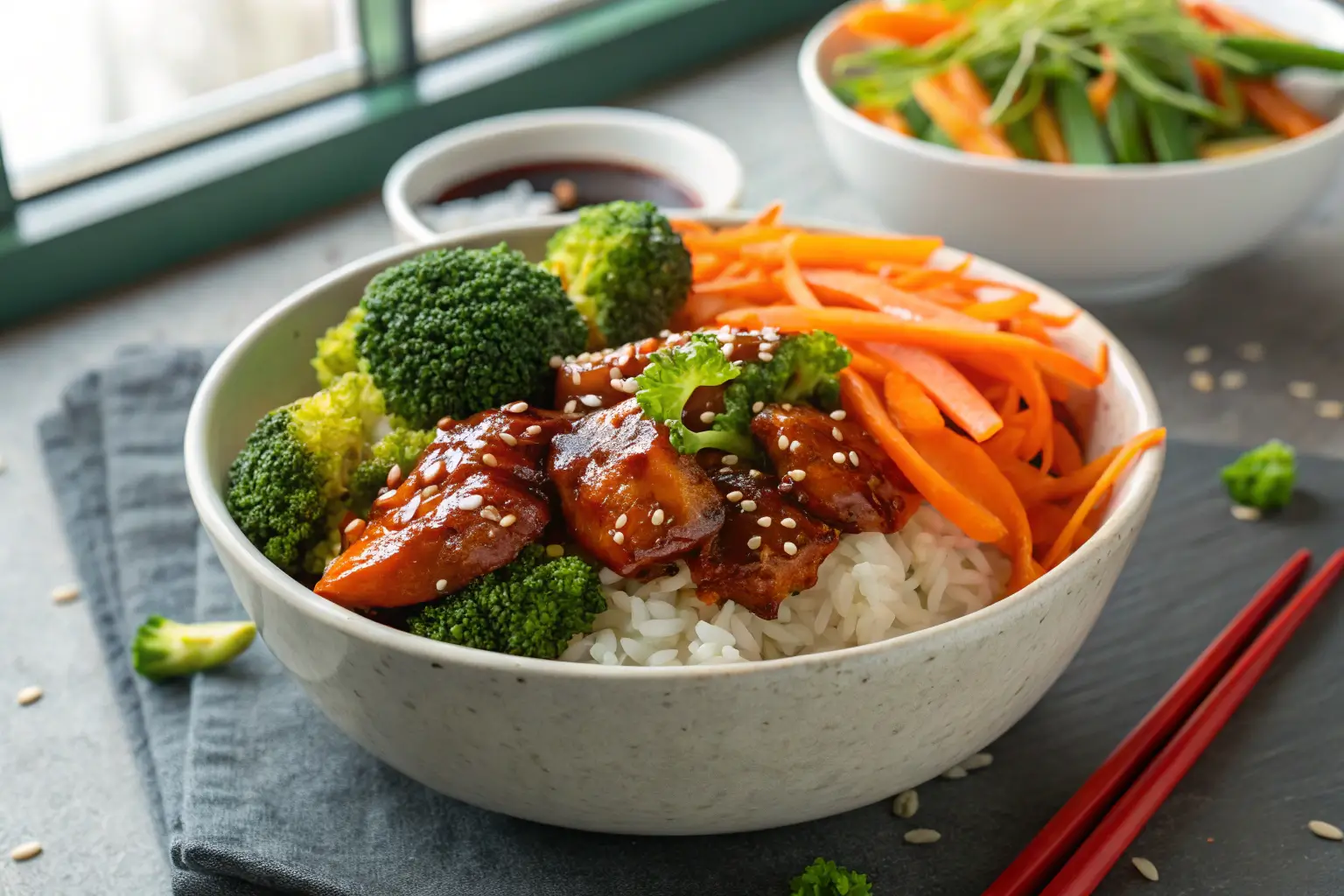 Sticky Chicken Rice Bowls Recipe 1 Close-up of Sticky Chicken Rice Bowl with veggies on gray table.