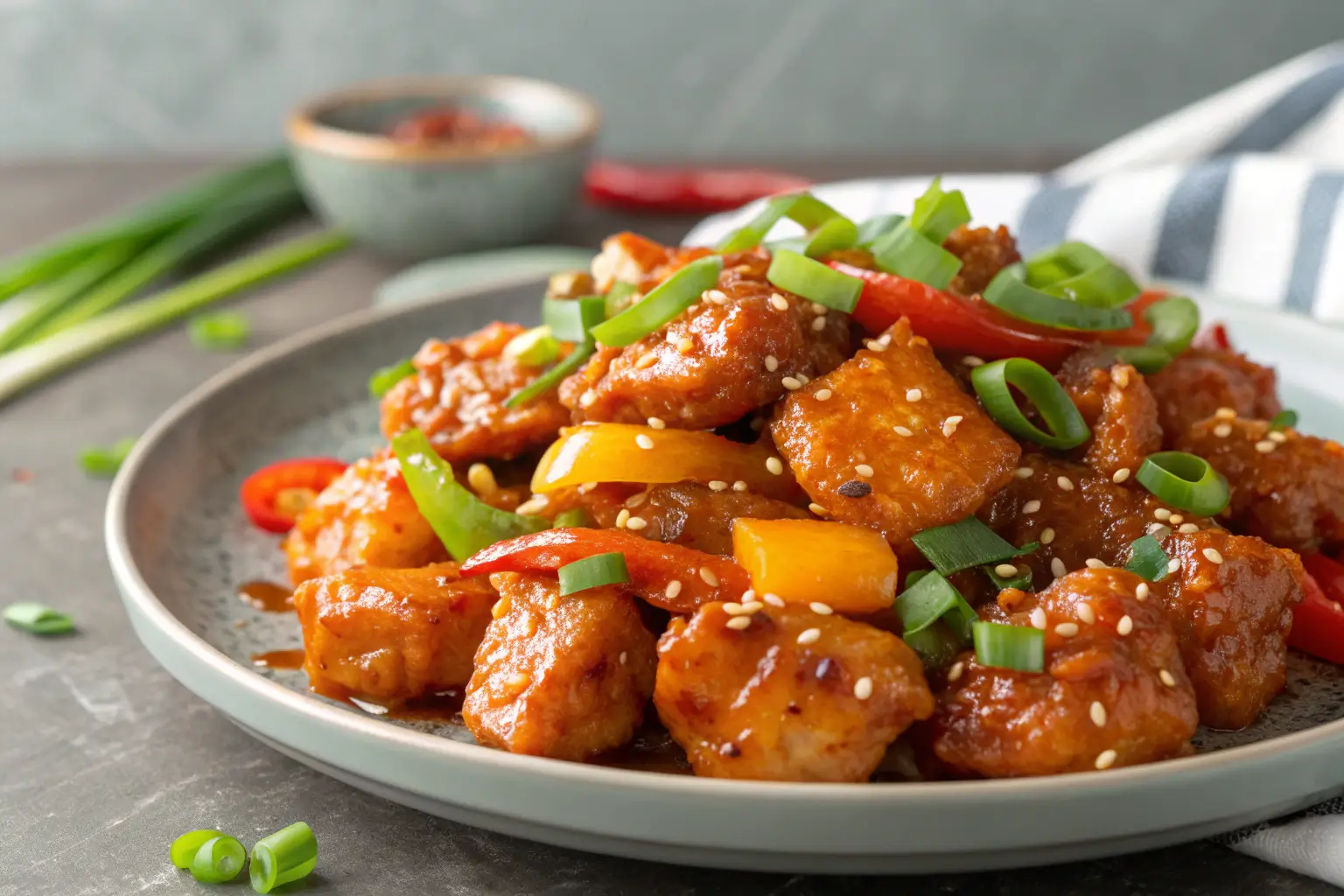Sweet Chili Chicken Recipe 1 Close-up of Sweet Chili Chicken with green onions and bell peppers.