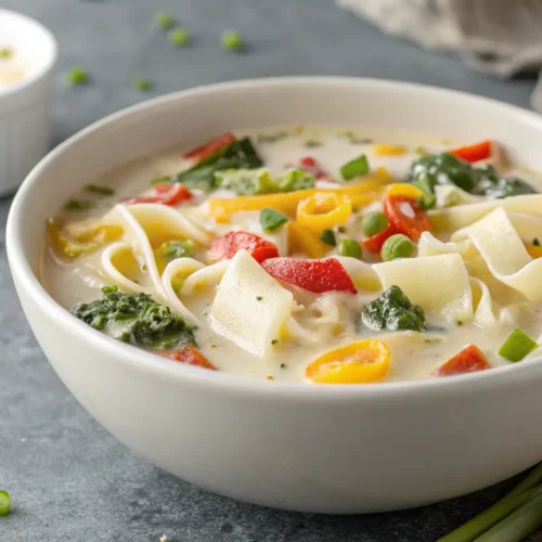 Vegan White Lasagna Soup Recipe 2 Close-up of Vegan White Lasagna Soup in a bowl.