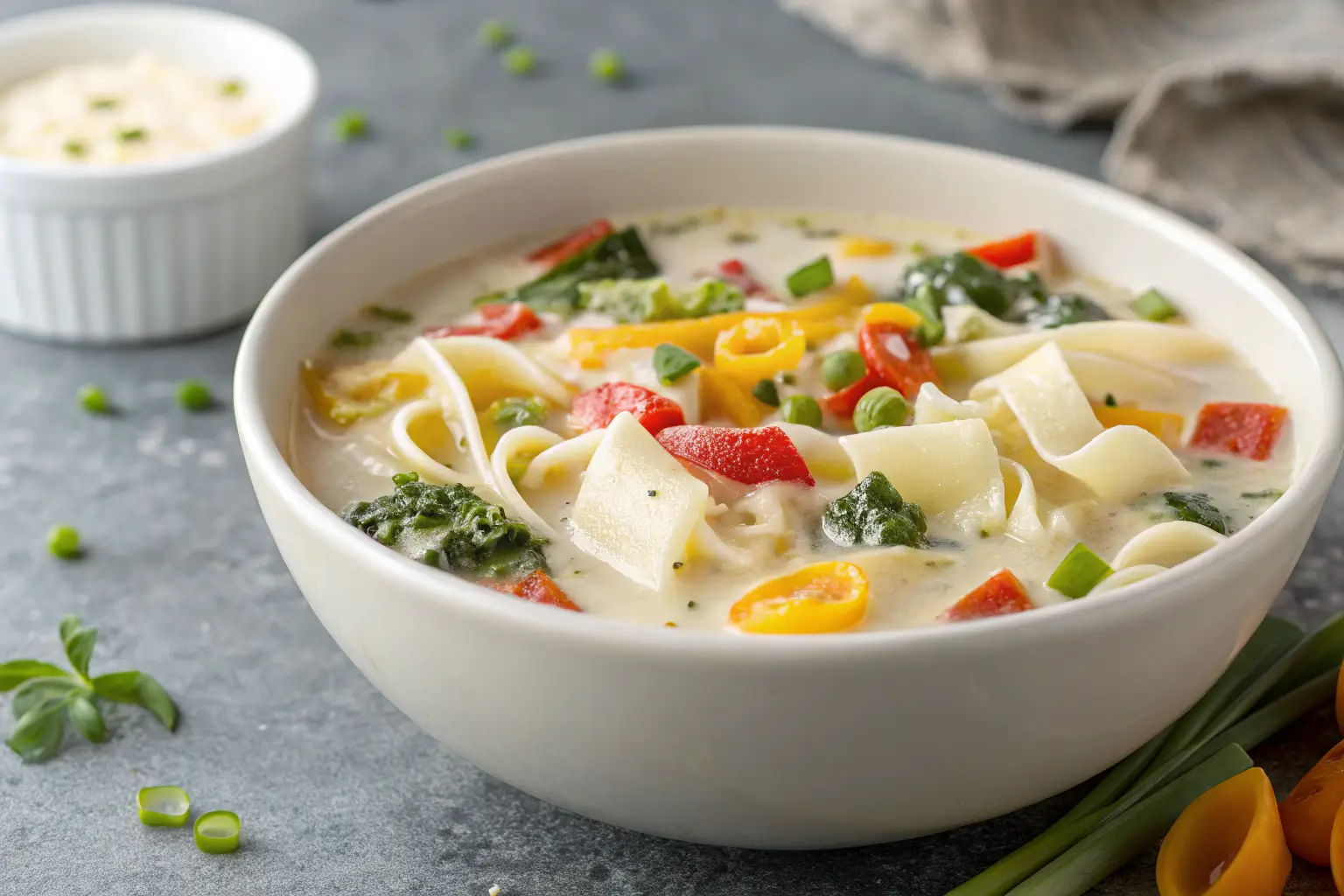 Vegan White Lasagna Soup Recipe 1 Close-up of Vegan White Lasagna Soup in a bowl.