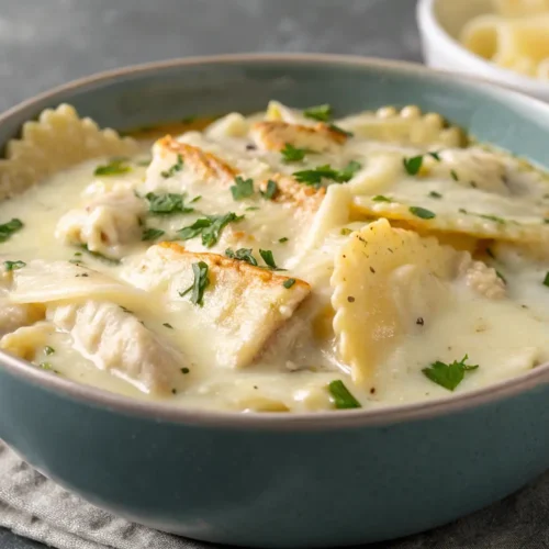 White Chicken Lasagna Soup Recipe 2 Creamy white chicken lasagna soup topped with melted cheese.